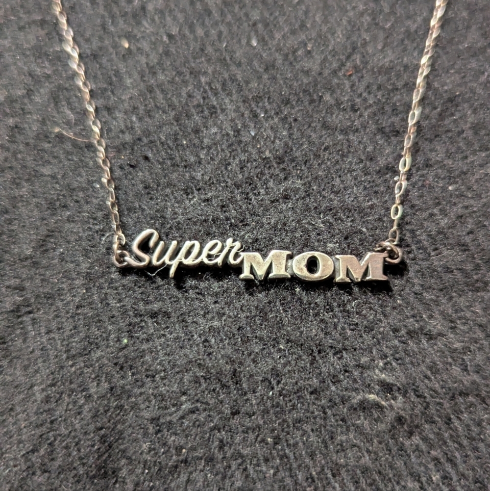 Sterling Silver 'Super Mom' Dainty Delicate Pendant Statement Necklace
